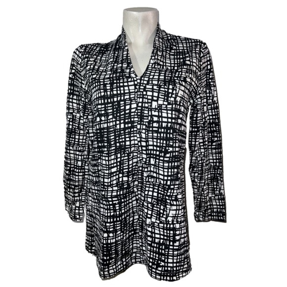 Chico's Top Size M (1) Black White Polished Criss-Cross Print Pima Cotton Tunic